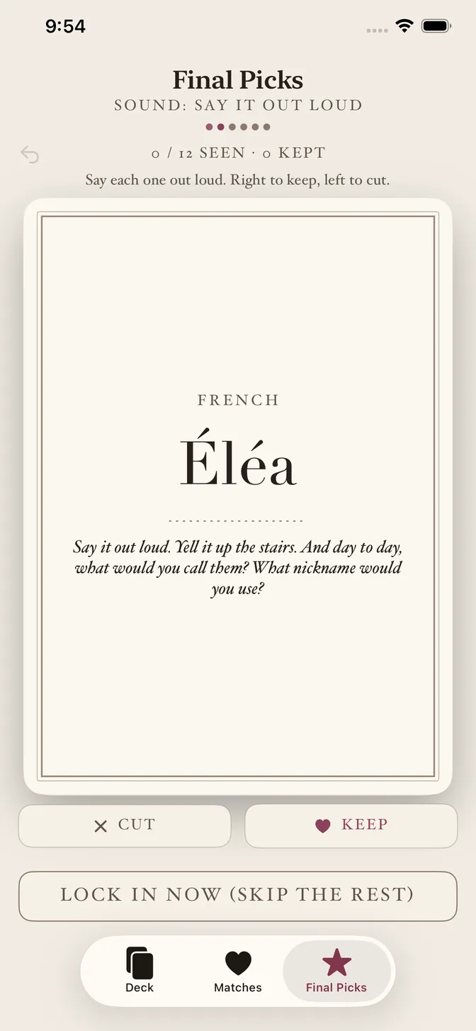 The Sound lens in Final Picks: the name Elea alone on a card, asking what you would call them day to day.