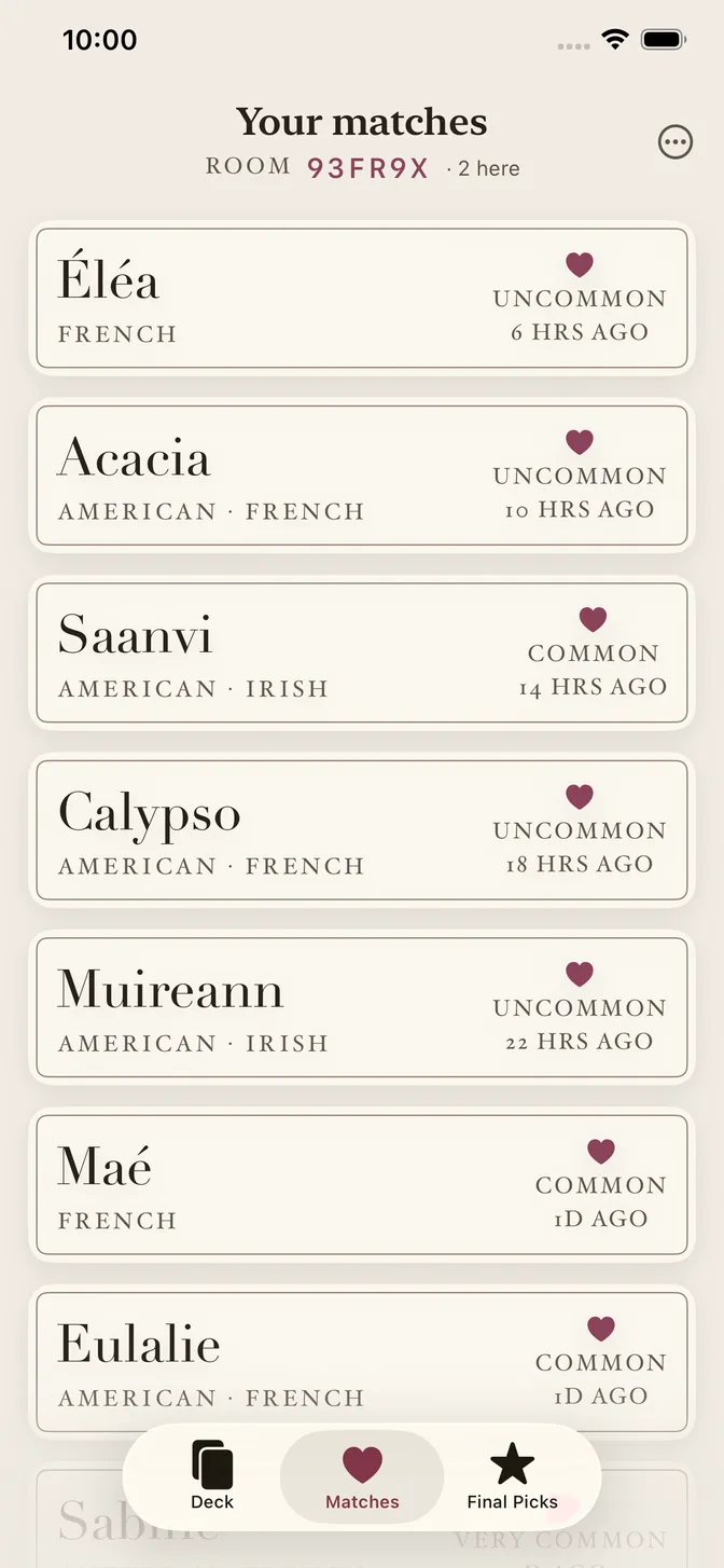 The matches list in Mamou: the names both partners loved, gathered on one shared screen.