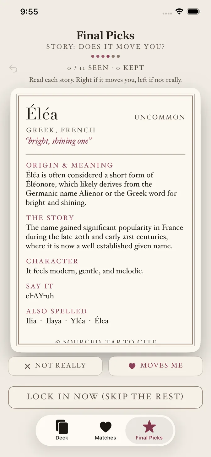 The Story lens: the dossier for Elea, with its origin, meaning, character, pronunciation, other spellings and a citation.